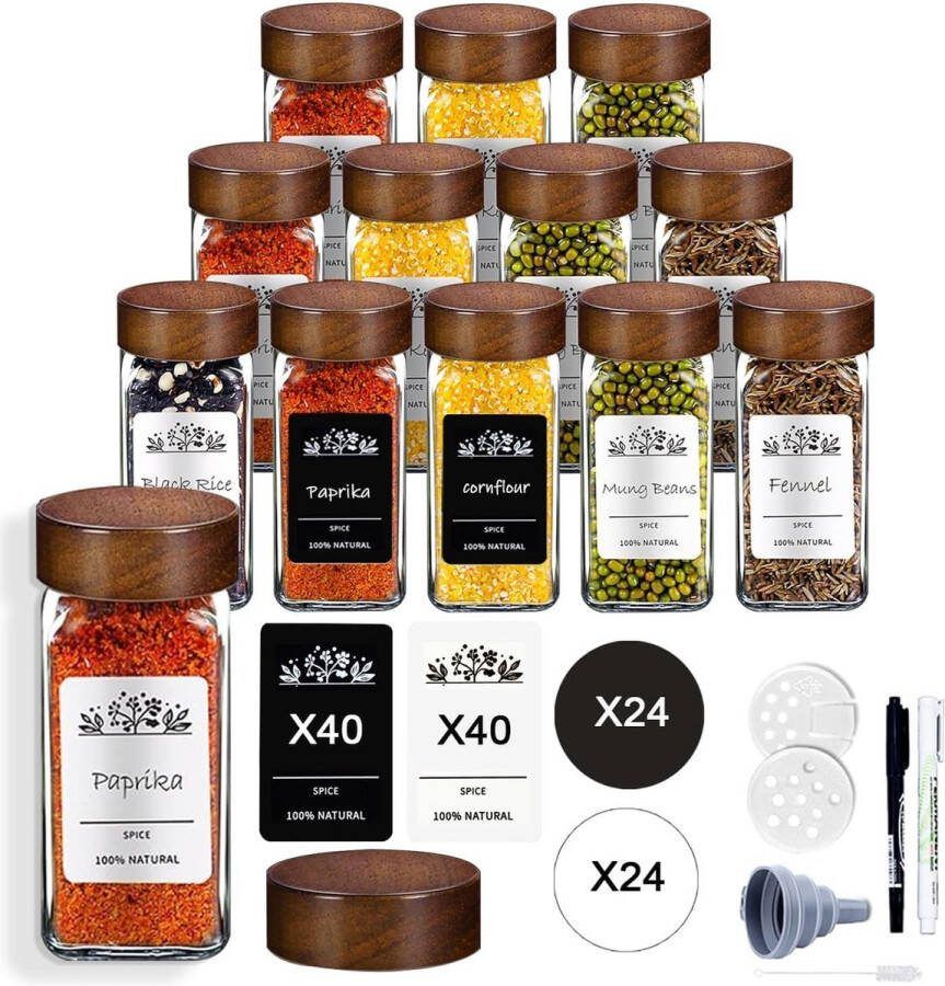 Spieringstore Kruidenpotjes Walnoot 24 stuks met Houten Deksel Kruidenstrooier Complete set Strooideksels Incl. Stickers Inhoud 120 ml 10 5 x 4 3 cm