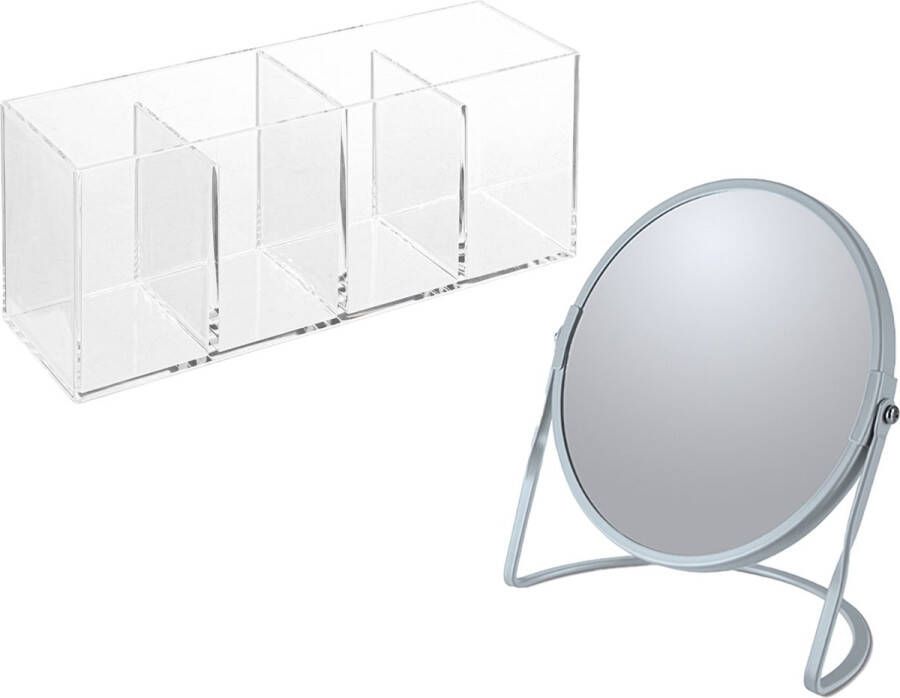 Spirella Make-up organizer en spiegel set 4 vakjes plastic metaal 5x zoom spiegel blauw transparant