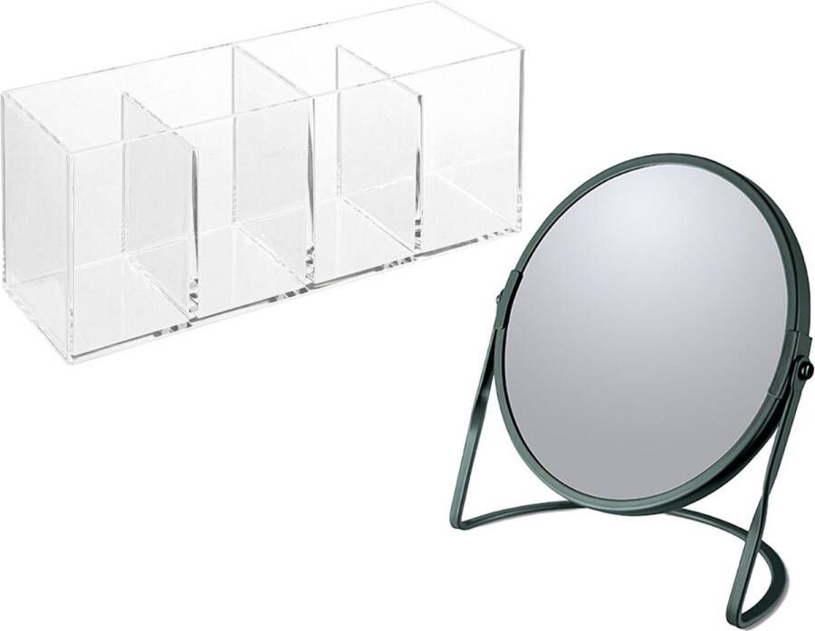 Spirella Make-up organizer en spiegel set 4 vakjes plastic metaal 5x zoom spiegel donkergroen transparant