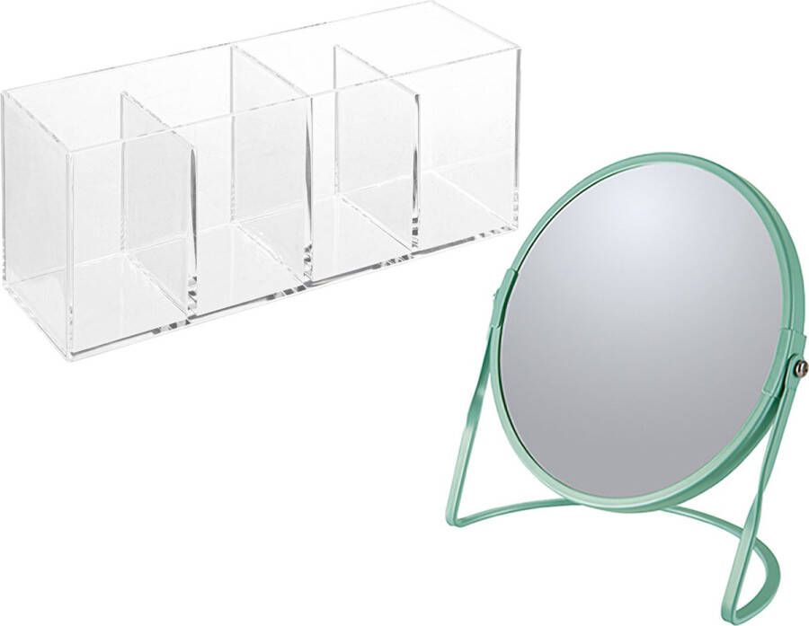 Spirella Make-up organizer en spiegel set 4 vakjes plastic metaal 5x zoom spiegel groen transparant