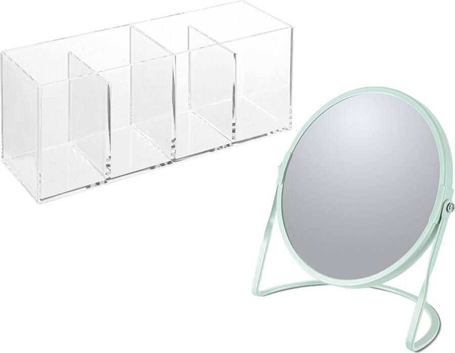 Spirella Make-up organizer en spiegel set 4 vakjes plastic metaal 5x zoom spiegel mintgroen transparant