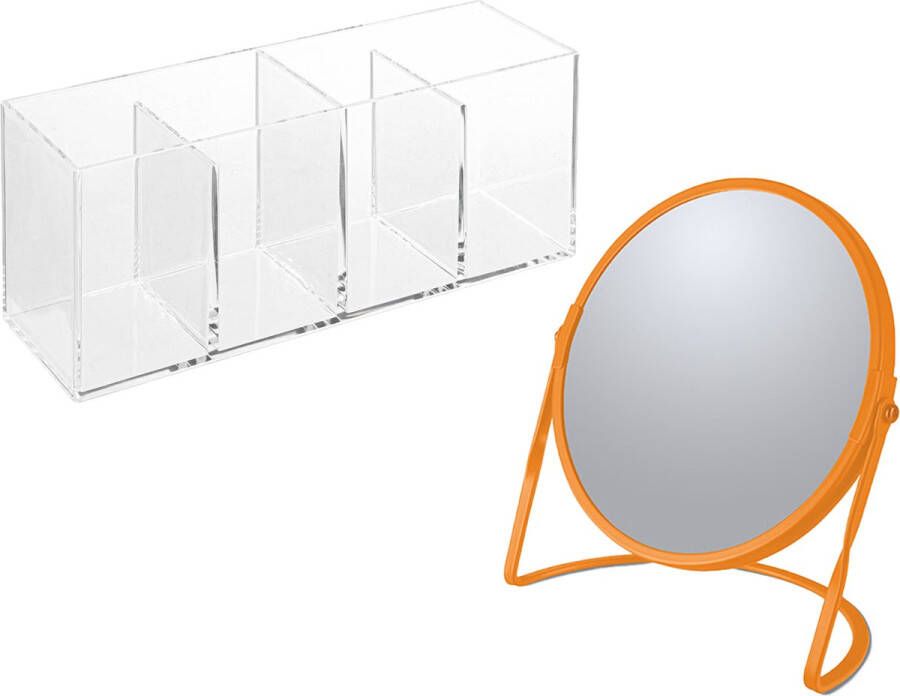 Spirella Make-up organizer en spiegel set 4 vakjes plastic metaal 5x zoom spiegel oranje transparant