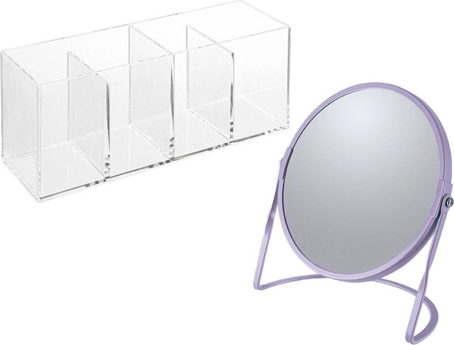 Spirella Make-up organizer en spiegel set 4 vakjes plastic metaal 5x zoom spiegel paars transparant