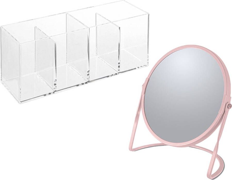 Spirella Make-up organizer en spiegel set 4 vakjes plastic metaal 5x zoom spiegel roze transparant