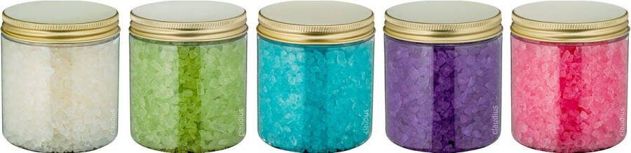 Splashbox Cosmetics B.V. Badzout 300 gram set van 5 verschillende geuren Gouden Deksel Relaxing Moment Eucalyptus Opium Lavendel en Rozen