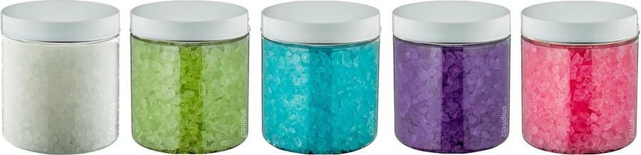 Splashbox Cosmetics B.V. Badzout 300 gram set van 5 verschillende geuren Witte Deksel Relaxing Moment Eucalyptus Opium Lavendel en Rozen