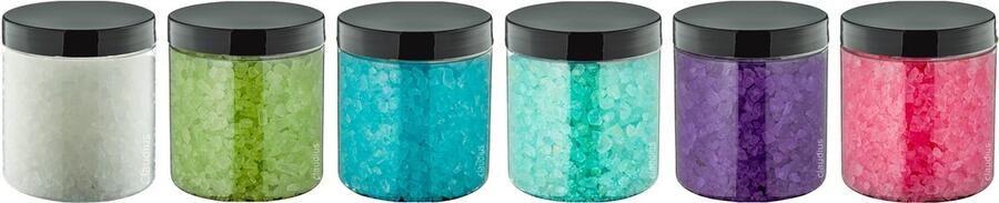 Splashbox Cosmetics B.V. Badzout 300 gram set van 6 verschillende geuren Zwarte Deksel Relaxing Moment Opium Eucalyptus Hamam Lavendel en Rozen
