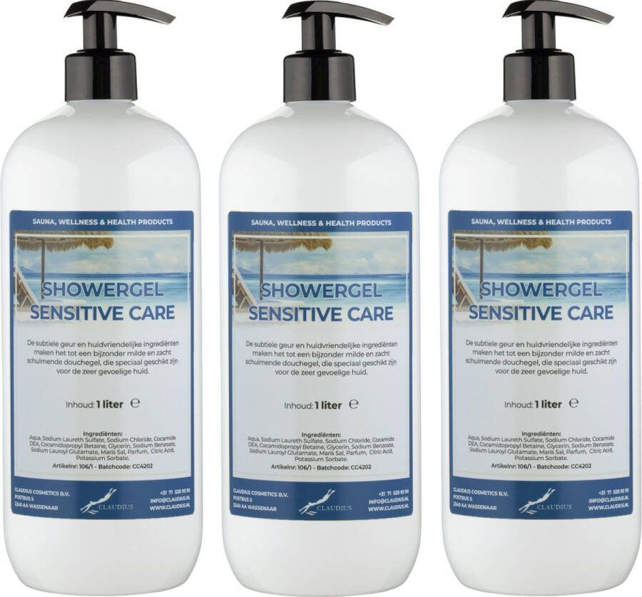 Splashbox Cosmetics B.V. Douchegel Sensitive Care 1 liter set van 3 stuks met gratis pomp