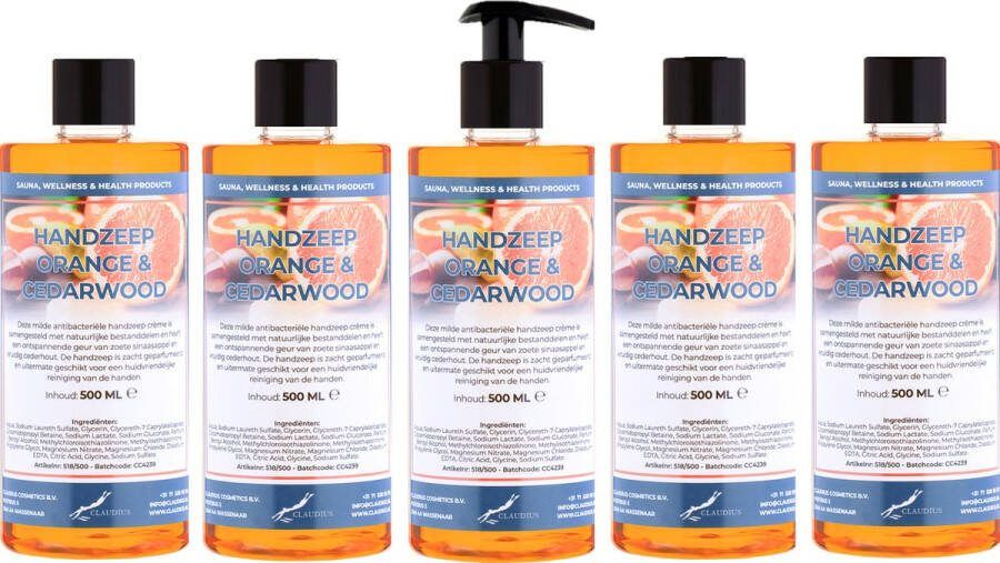 Splashbox Cosmetics B.V. Handzeep Sweet Orange & Cedarwood 500 ml met 1 gratis pomp set van 5 stuks