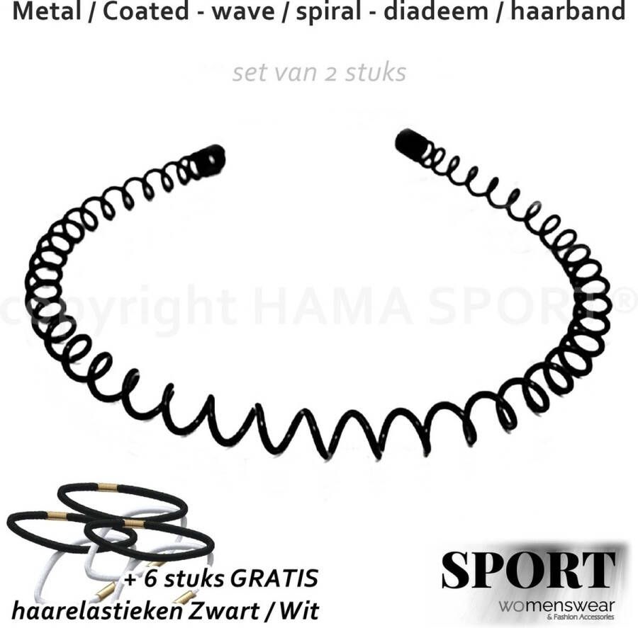 Sport Diadeem Haarband 2 stuks zwart wave spiraal veer metaal (+6 st. haarelastiek) casual sport unisex