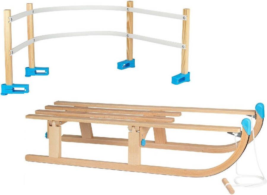 SportX Vouwslee met Trekkoord Slee Slede Opklapbaar XL 110 cm Hout Blauw met Rugleuning