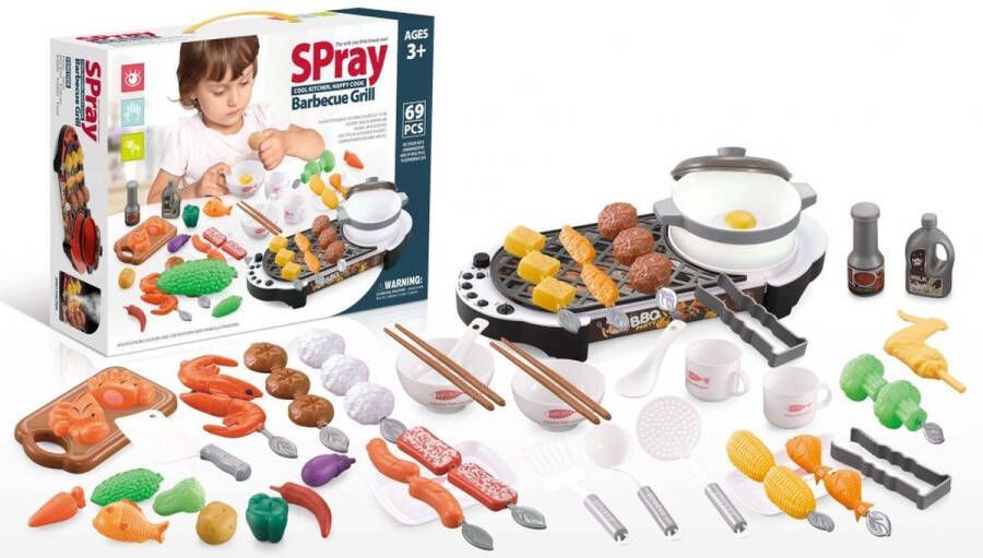 Spray 69 delige speelgoedkeuken accessoire set met grillplaat Keukengerei met keuken benodigdheden Etenswaren Bakmiddelen Met geluid en licht
