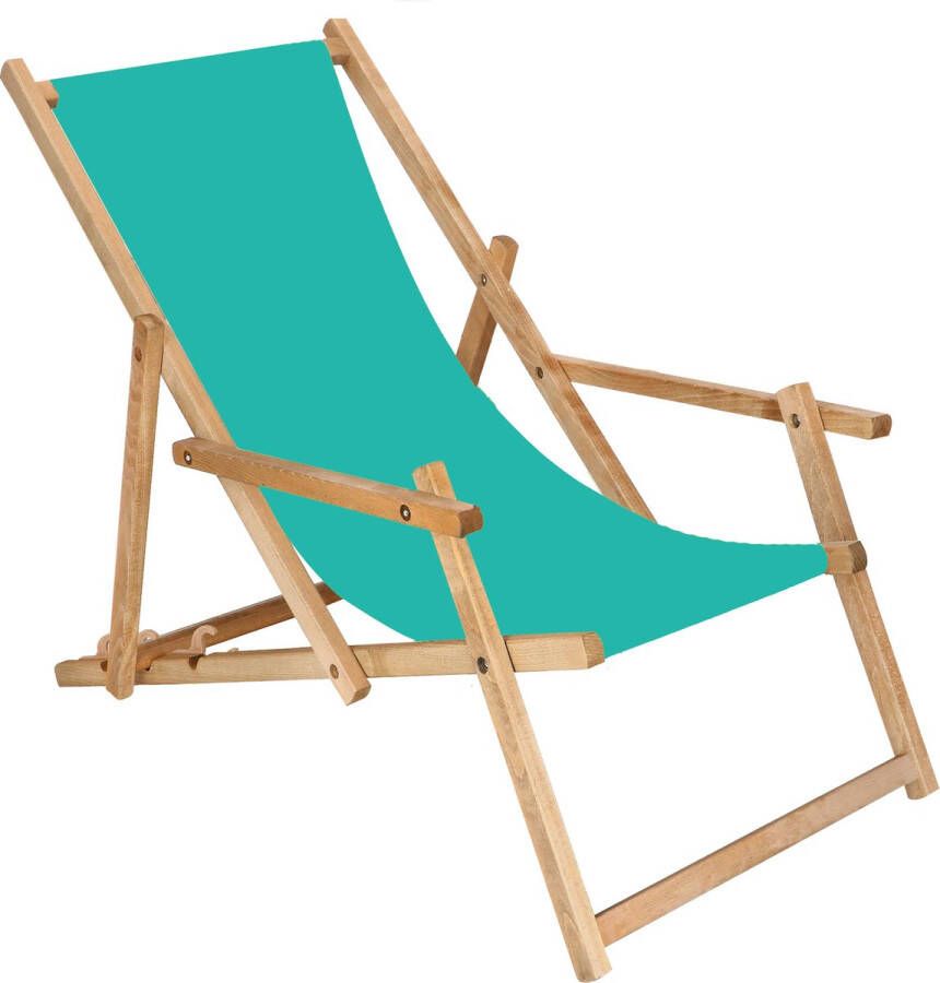 Springos Ligbed Strandstoel Ligstoel Verstelbaar Arm Leuning Beukenhout Geïmpregneerd Handgemaakt Turquoise