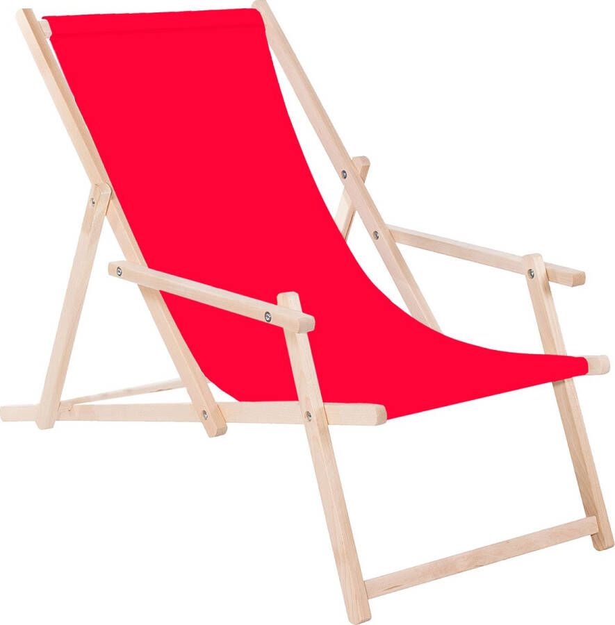 Springos Ligbed Strandstoel Ligstoel Verstelbaar Arm Leuning Beukenhout Handgemaakt Rood