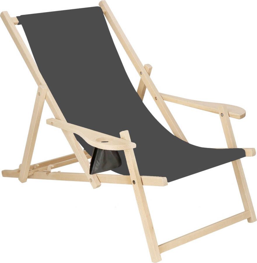 Springos Ligbed Strandstoel Ligstoel Verstelbaar Armleuningen Beukenhout Handgemaakt Grafiet