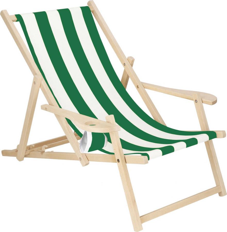 Springos Ligbed Strandstoel Ligstoel Verstelbaar Armleuningen Beukenhout Handgemaakt Groen Wit