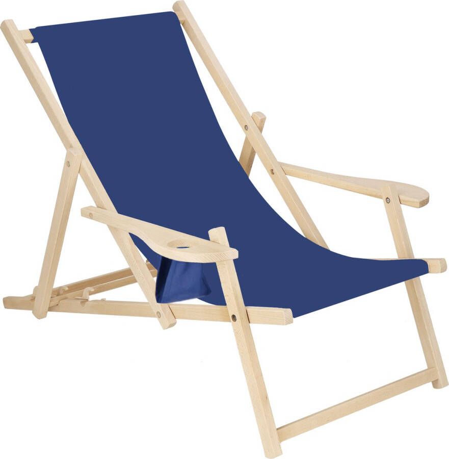 Springos Ligbed Strandstoel Ligstoel Verstelbaar Armleuningen Beukenhout Handgemaakt Marineblauw