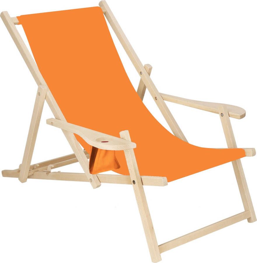 Springos Ligbed Strandstoel Ligstoel Verstelbaar Armleuningen Beukenhout Handgemaakt Oranje