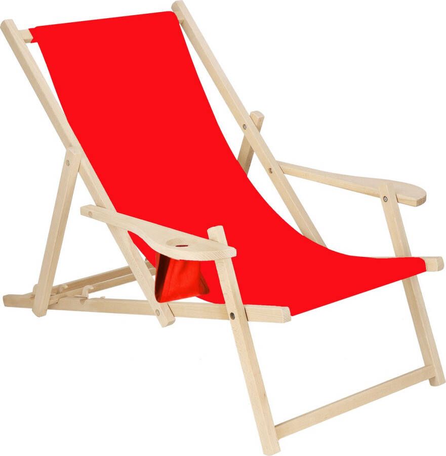 Springos Ligbed Strandstoel Ligstoel Verstelbaar Armleuningen Beukenhout Handgemaakt Rood