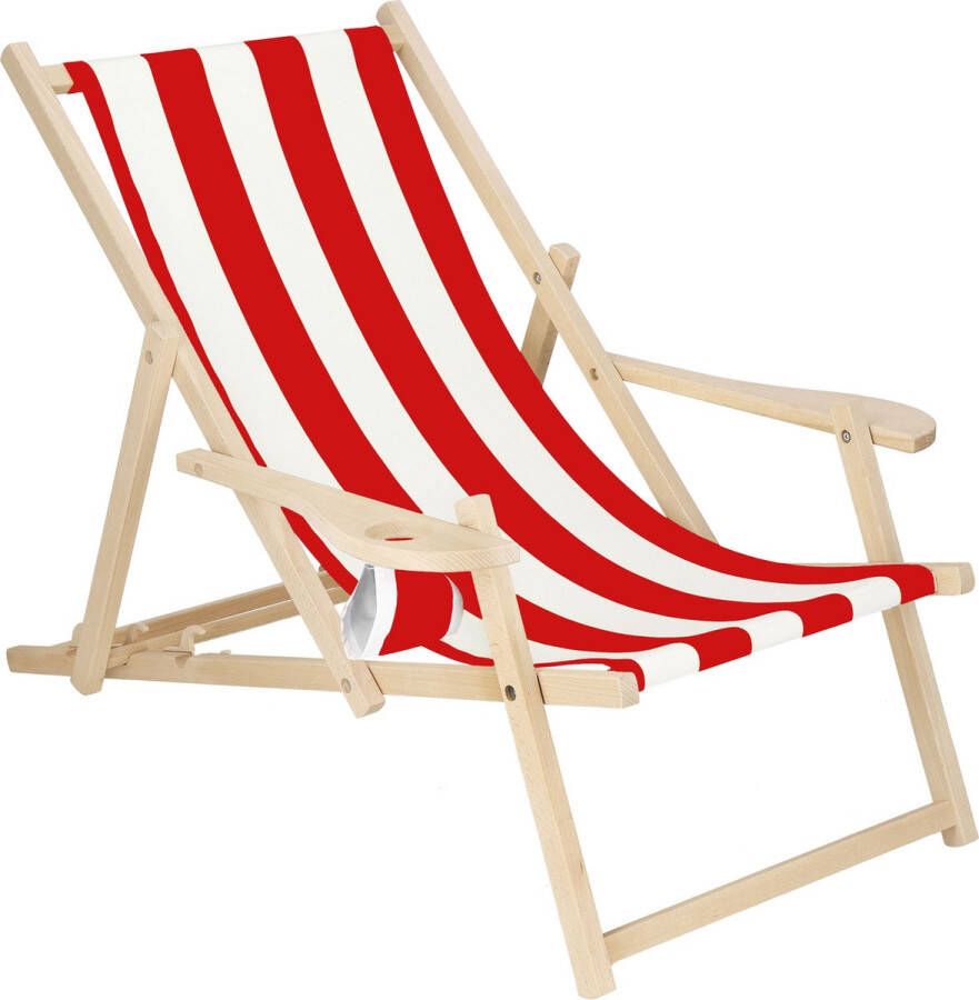 Springos Ligbed Strandstoel Ligstoel Verstelbaar Armleuningen Beukenhout Handgemaakt Rood Wit