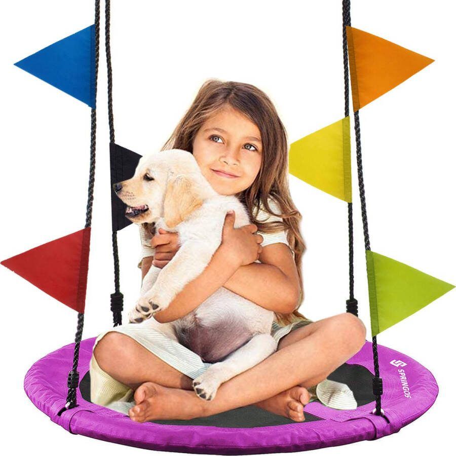 Springos Nestschommel Schommel Kinderen Kinderschommel Maximale Belasting 150 kg Inclusief Vlaggetjes Paars Zwart