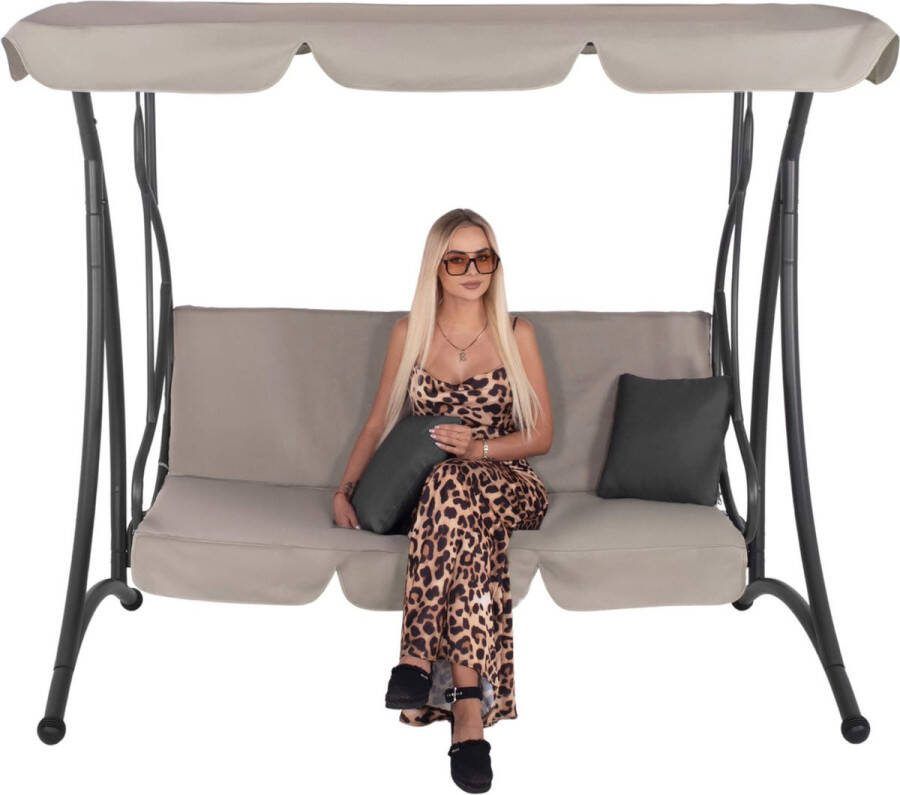 Springos Schommelbank Luna-Schommel 3-zits Waterafstotend Verstelbare Luifel 170 x 115 x 150 cm Beige Grafiet