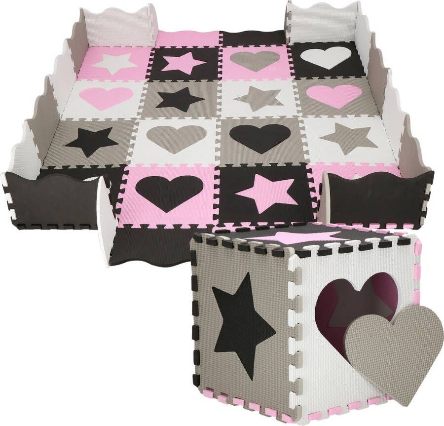 Springos Speelmat | Speelmat Foam | Puzzelmat | Figuren | 16 puzzelstukken | 150 x 150 cm | Roze Grijs Zwart Wit