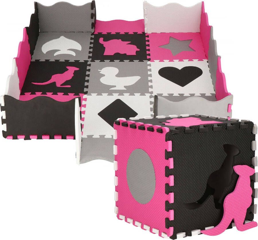 Springos Speelmat | Speelmat Foam | Puzzelmat | Figuren | 9 puzzelstukken | 120 x 120 cm | Roze Grijs Zwart Wit