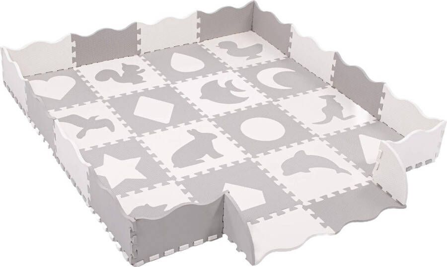 Springos Speelmat Foam Puzzelmat Figuren Dieren 16 Puzzelstukken Crème Grijs 150 x 150 cm