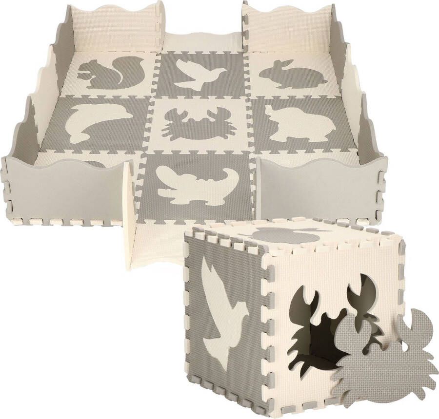 Springos Speelmat | Speelmat Foam | Puzzelmat | Figuren | Dieren | 9 puzzelstukken | 120 x 120 cm | Creme Grijs