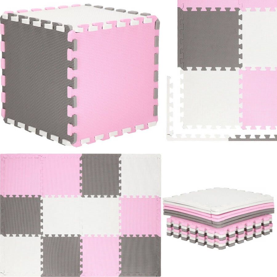 Springos Speelmat | Speelmat Foam | Puzzelmat | 12 puzzelstukken | 118 x 90 cm | Roze Grijs Wit