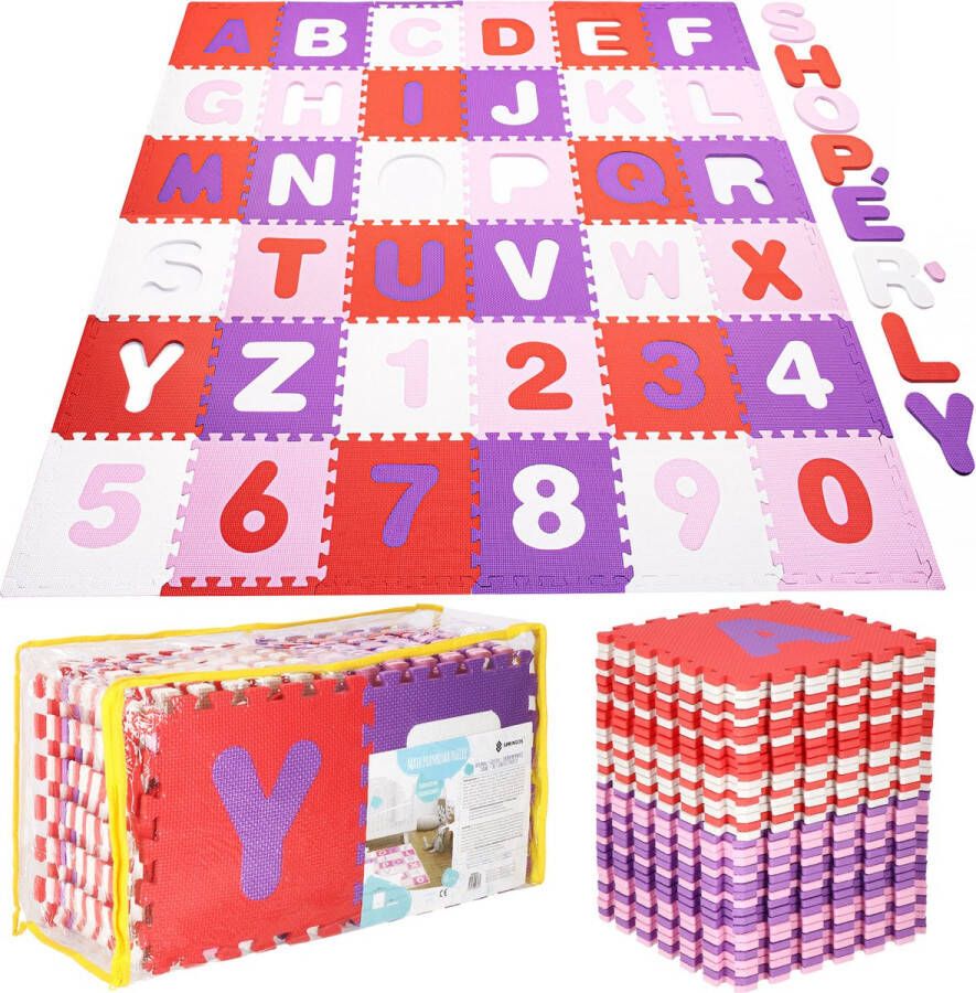 Springos Speelmat | Speelmat Foam | Puzzelmat | 36 Stukken | Letters & Cijfers | 175 x 175 cm | Roze Rood Paars Wit