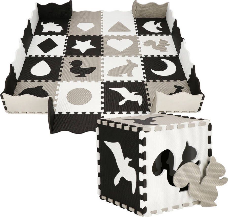 Springos Speelmat | Speelmat Foam | Puzzelmat | Figuren | 16 puzzelstukken | 150 x 150 cm | Zwart Wit Grijs