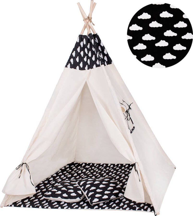Springos Tipi Tent Wigwam Speeltent 120x100x180 cm Met Mat en Kussens Naturel Zwart Wolken
