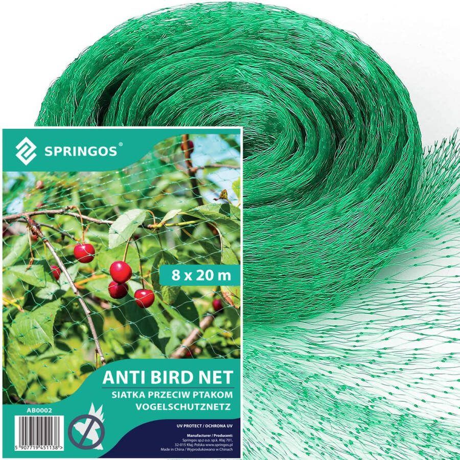 Springos Vogelnet Vogelgaas Anti- Vogelnet Ongedierte en Vogelbestrijding 8 x 20 M Inclusief Bevestigingsankers -20 Stuks
