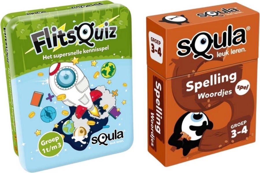 Identity Games Educatieve spellenbundel Squla 2 stuks Flitsquiz Groep 1 2 3 & Spelling Kaartspel (Groep 3&4)