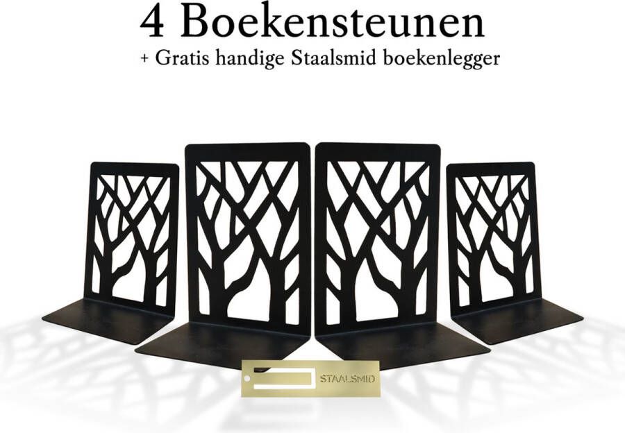 Staalsmid Boekensteun metaal zwart – Set van 4 – Inclusief boekenlegger Boekenstandaard – Boekenhouder – Boekensteunen metaal zwart – Book stand