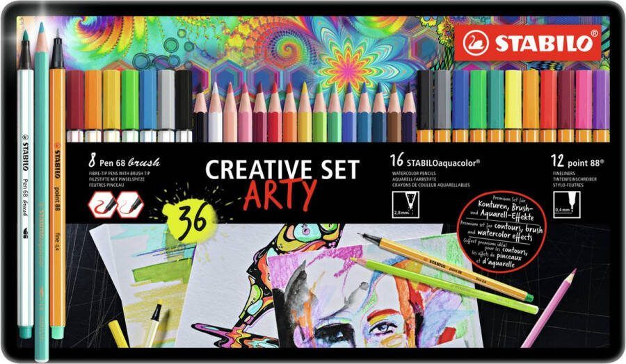 STABILO ARTY Creative Metalen Etui Met 16 x Aquacolor 12 x point 88 8 x Pen 68 brush