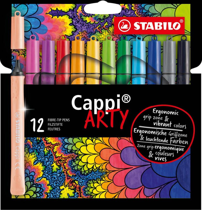 STABILO Cappi Viltstift Nooit Meer Je Dop Kwijt Dankzij De Dopring ARTY Etui Met 12 Kleuren + 1 Dopring