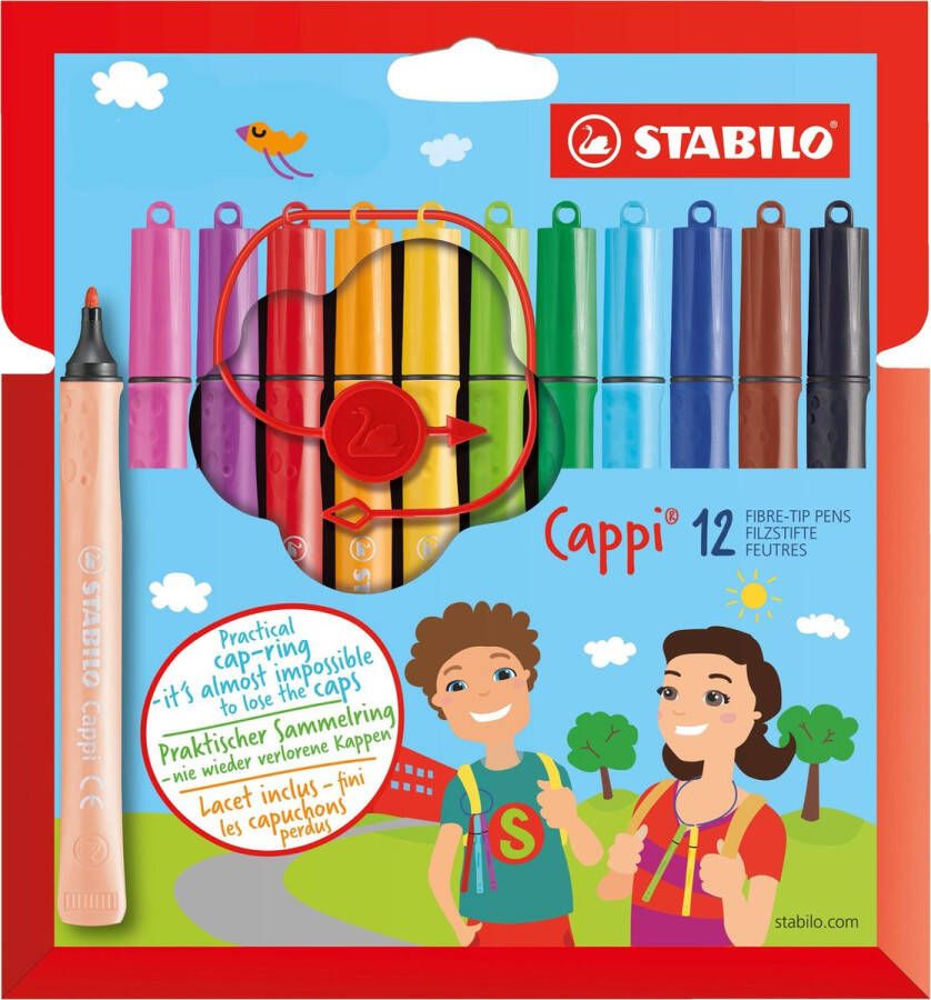 STABILO Cappi Viltstift Nooit Meer Je Dop Kwijt Dankzij De Dopring Etui Met 12 Kleuren + 1 Dopring