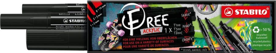 STABILO FREE Acryl Marker Mixed Tip Set Zwart 3 Verschillende Tip Sizes