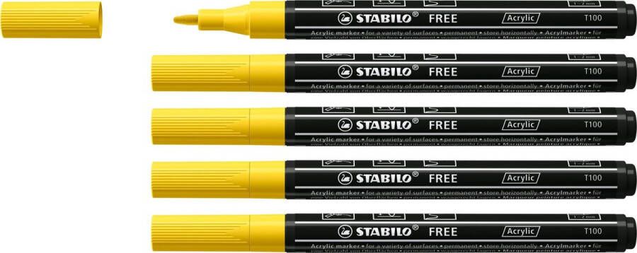 STABILO FREE Acryl Marker T100 Ronde Punt 1-2 mm Geel Doos 5 stuks