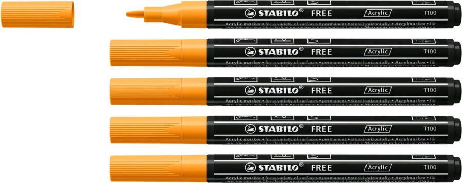 STABILO FREE Acryl Marker T100 Ronde Punt 1-2 mm Oranje Doos 5 stuks