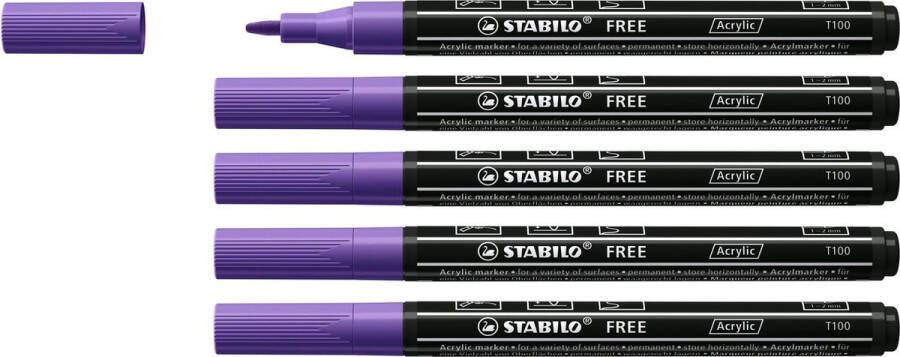 STABILO FREE Acryl Marker T100 Ronde Punt 1-2 mm Paars Doos 5 stuks