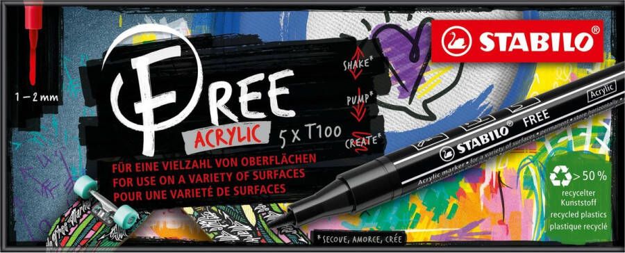 STABILO FREE Acryl Marker T100 Ronde Punt 1-2 mm Set Lente Met 5 Verschillende Kleuren