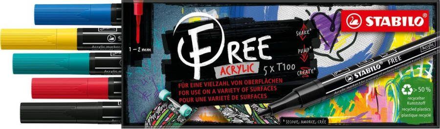 STABILO FREE Acryl Marker T100 Ronde Punt 1-2 mm Set Royal Met 5 Verschillende Kleuren