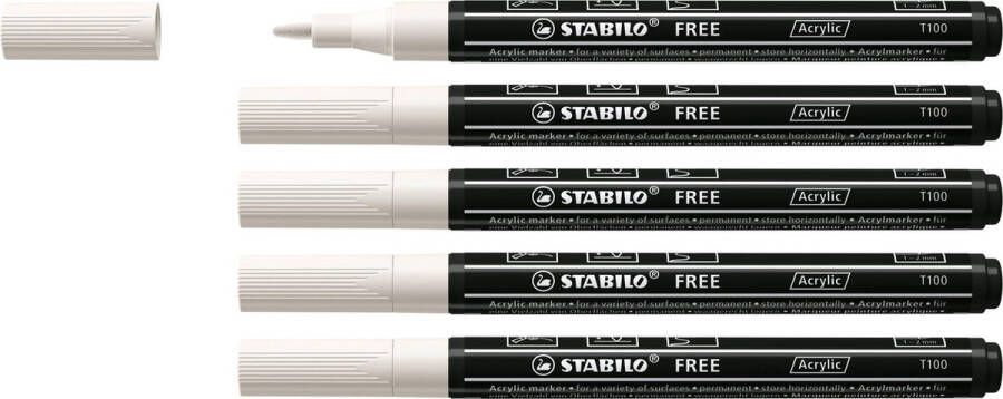 STABILO FREE Acryl Marker T100 Ronde Punt 1-2 mm Wit Doos 5 stuks