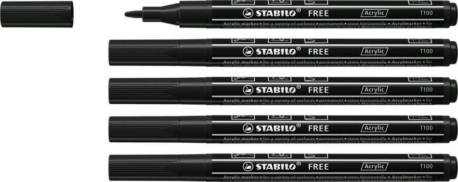 STABILO FREE Acryl Marker T100 Ronde Punt 1-2 mm Zwart Doos 5 stuks