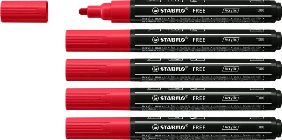 STABILO FREE Acryl Marker T300 Ronde Punt 2-3 mm Karmijn Rood Doos 5 stuks
