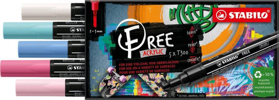 STABILO FREE Acryl Marker T300 Ronde Punt 2-3 mm Set Candy Met 5 Verschillende Kleuren